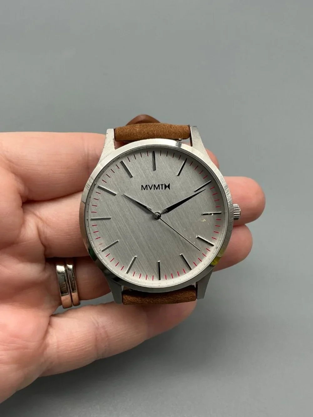 MVMT 40 Series Mens Watch 40mm Silver Tone Brown Leather Band New Battery